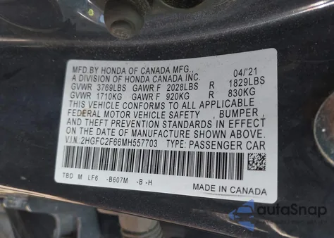 2021 Honda Civic Lx из США, поврежденный, VIN 2HGFC2F66MH557703